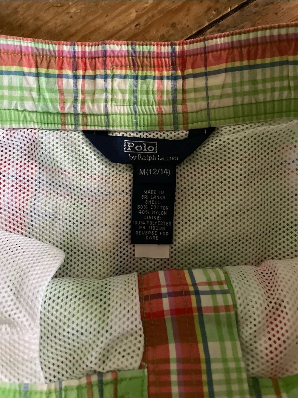 Ralph Lauren Green Plaid Swim Board Shorts with Red Stripe